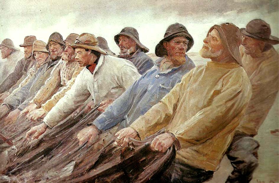 Michael Ancher fiskere trakker vod ved skagen